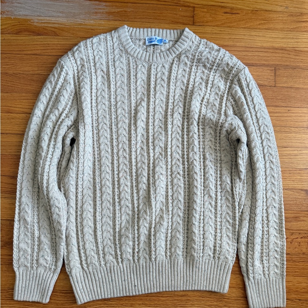 Men’s Cream Crewneck Sweater with Cable Knit Design